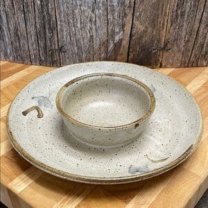 Artisan | Pottery | Speckled Cream/Brown w Blue | Chip&Dip Plate/Bowl